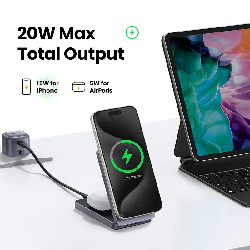 UGREEN 2-in-1 Qi2 Magnetic Wireless Charger – Model W706 – Fast Magnetic Charging Pad or Station for Compatible iPhone, AirPods and Qi-Enabled Devices