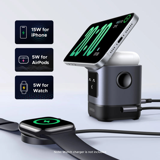 UGREEN 2-in-1 UNO Series Qi2 Magnetic Station Wireless Charger – Model W709 – Fast Magnetic Charging Pad or Station for Compatible iPhone, AirPods and Qi-Enabled Devices