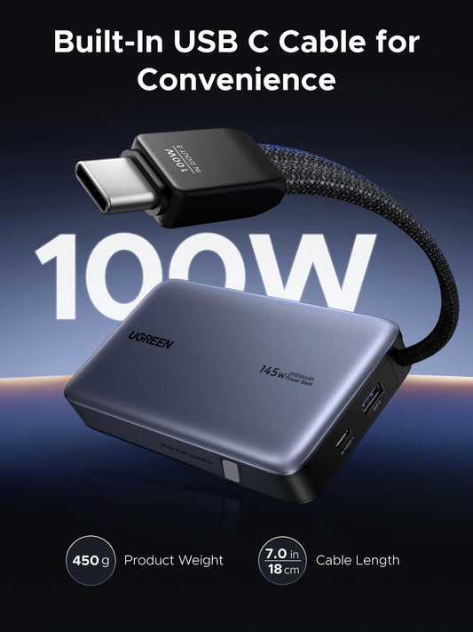 UGREEN 20000mAh 145W Fast Charging Digital Display Power Bank with Built-in USB-C Cable – Model PB551 – Portable Fast Charging Battery Pack for Smartphones, Tablets, Laptops and USB-Powered Devices