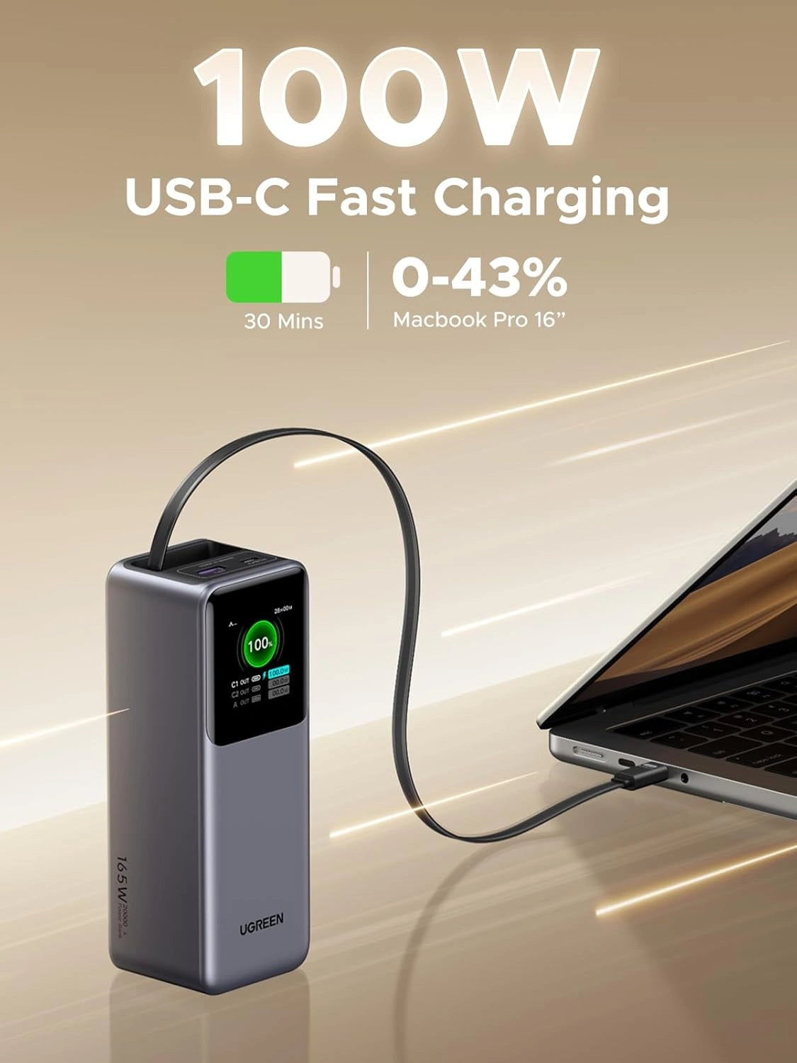 UGREEN Nexode 20000mAh 165W Smart Display Power Bank with Retractable Cable – Model PB726 – Portable Fast Charging Battery Pack for Smartphones, Tablets, Laptops and USB-Powered Devices