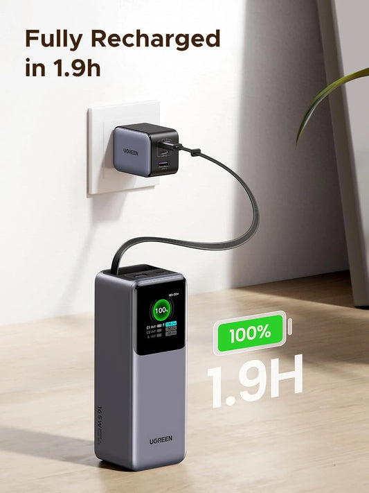 UGREEN Nexode 20000mAh 165W Smart Display Power Bank with Retractable Cable – Model PB726 – Portable Fast Charging Battery Pack for Smartphones, Tablets, Laptops and USB-Powered Devices