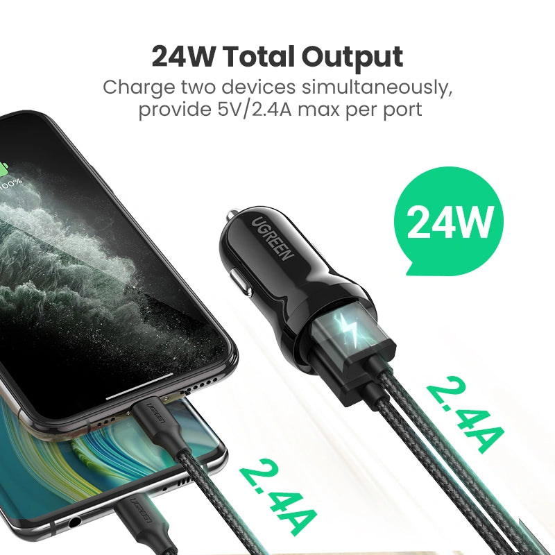 UGREEN 24W Dual USB Car Charger (Dual USB-A Car Charger) - Black – Model ED018 – Compact In-Car Fast Charging Power Adapter for Smartphones, Tablets and USB Devices