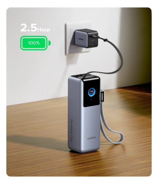 UGREEN 25000mAh 200W Smart Display Power Bank with Build-in Cable and Build-in Retractable Cable – Model PB728 – Portable Fast Charging Battery Pack for Smartphones, Tablets, Laptops and USB-Powered Devices