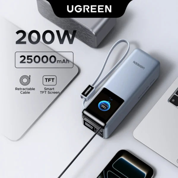 UGREEN 25000mAh 200W Smart Display Power Bank with Build-in Cable and Build-in Retractable Cable – Model PB728 – Portable Fast Charging Battery Pack for Smartphones, Tablets, Laptops and USB-Powered Devices