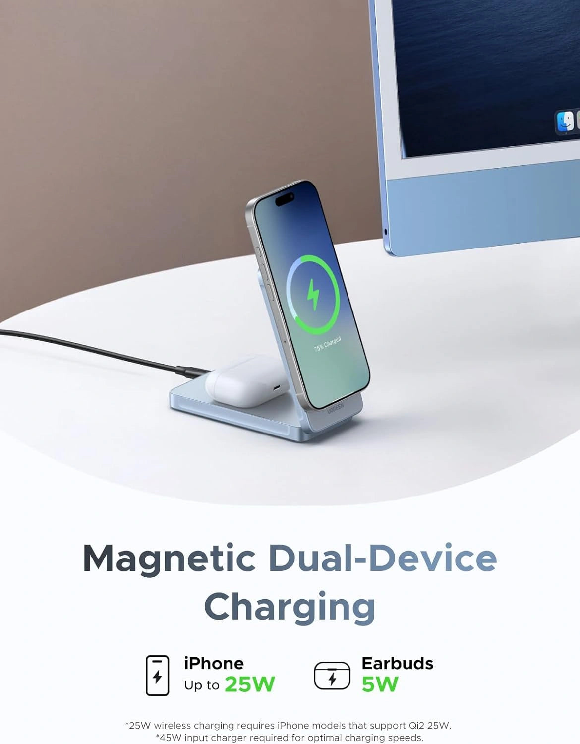 UGREEN 25W 2-in-1 Magnetic Wireless Charger – Model W756 – Fast Magnetic Charging Pad or Station for Compatible iPhone, AirPods and Qi-Enabled Devices