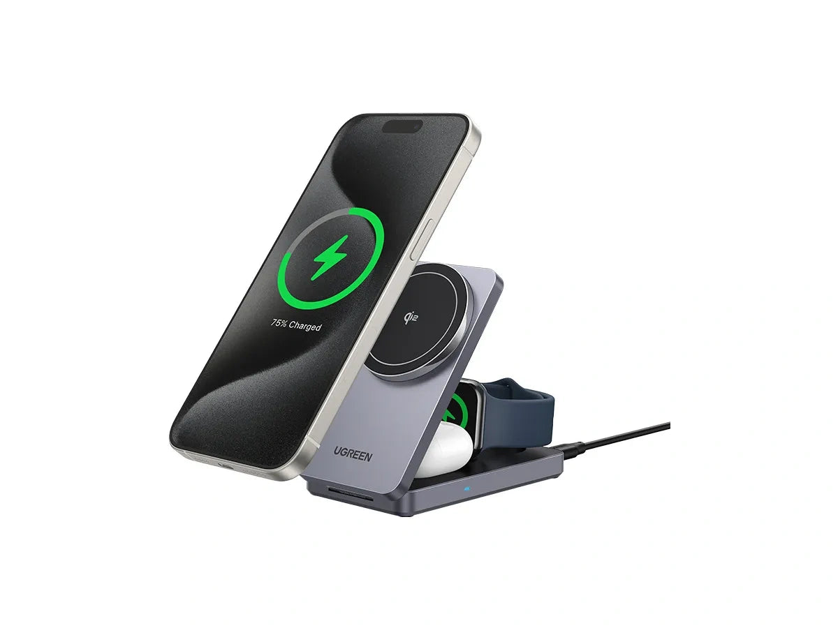 UGREEN 3-in-1 Qi2 Magnetic Wireless Charger (Phone, AirPods, Apple Watch) with Charging Adapter – Model W707 – Fast Magnetic Charging Pad or Station for Compatible iPhone, AirPods and Qi-Enabled Devices