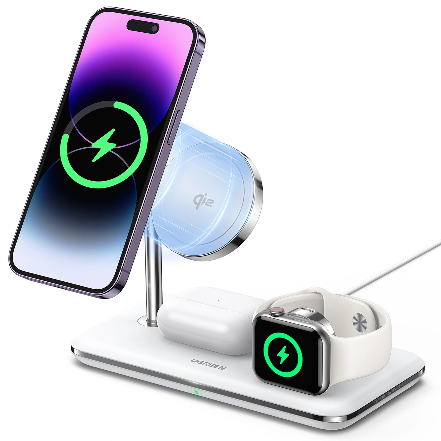 UGREEN 3-in-1 Qi2 Magnetic Wireless Charger (Phone, AirPods, Apple Watch) – Model CD278 – Fast Magnetic Charging Pad or Station for Compatible iPhone, AirPods and Qi-Enabled Devices