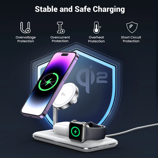 UGREEN 3-in-1 Qi2 Magnetic Wireless Charger (Phone, AirPods, Apple Watch) – Model CD278 – Fast Magnetic Charging Pad or Station for Compatible iPhone, AirPods and Qi-Enabled Devices