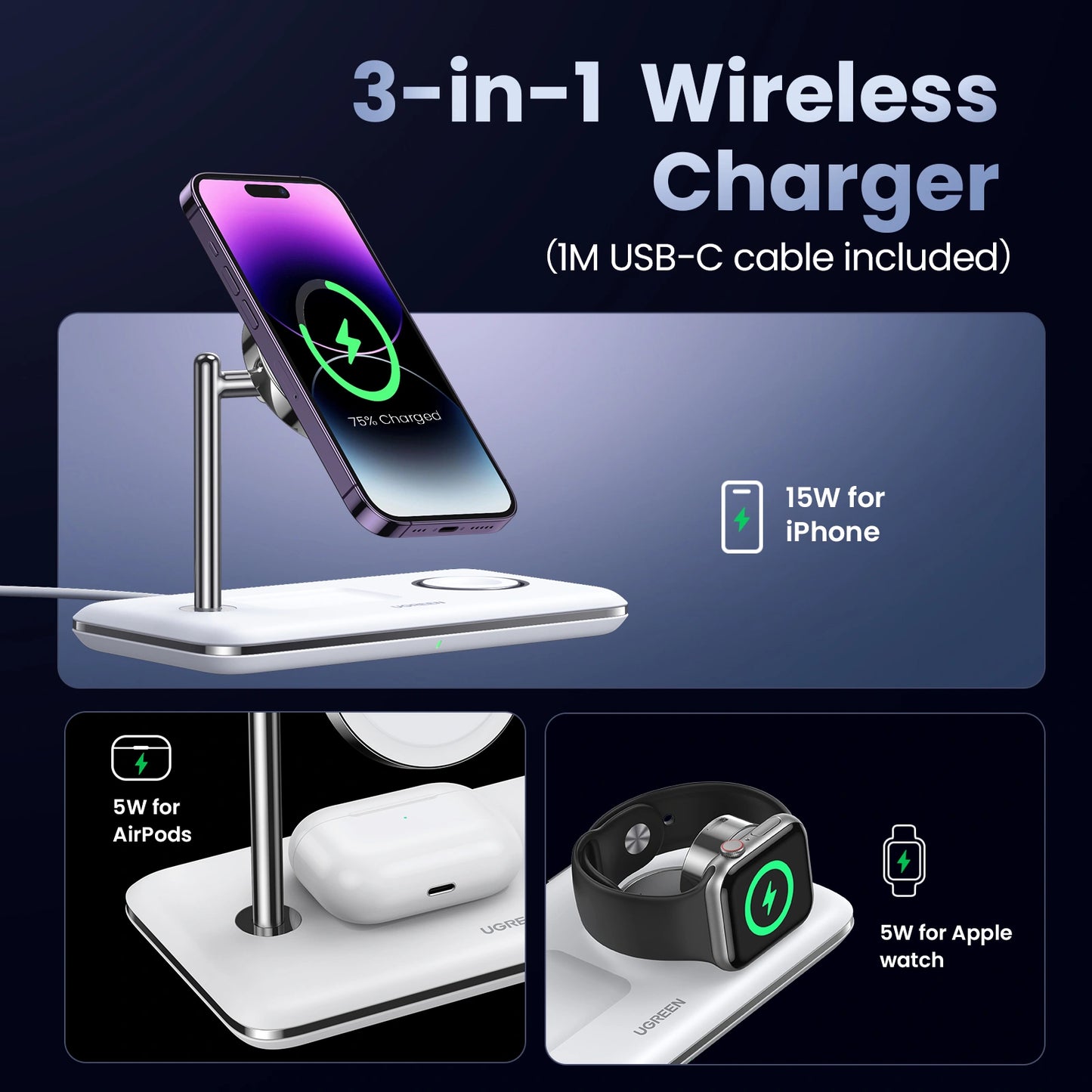 UGREEN 3-in-1 Qi2 Magnetic Wireless Charger (Phone, AirPods, Apple Watch) – Model CD278 – Fast Magnetic Charging Pad or Station for Compatible iPhone, AirPods and Qi-Enabled Devices