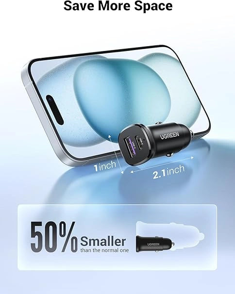 UGREEN 30W USB-C + USB Dual Port Car Charger – Model EC305 – Compact In-Car Fast Charging Power Adapter for Smartphones, Tablets and USB Devices