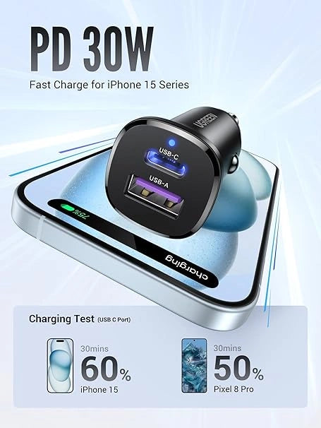 UGREEN 30W USB-C + USB Dual Port Car Charger – Model EC305 – Compact In-Car Fast Charging Power Adapter for Smartphones, Tablets and USB Devices