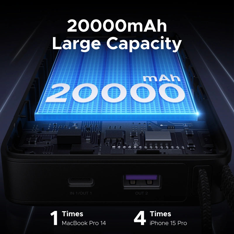 UGREEN Nexode 20000mAh 67W Digital Display Power Bank with Built-in Cable – Model PB550 – Portable Fast Charging Battery Pack for Smartphones, Tablets, Laptops and USB-Powered Devices