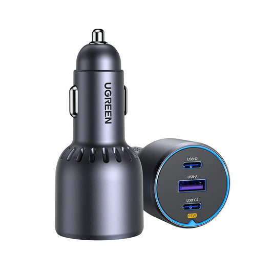 UGREEN 75W Dual USB-C & 1x USB Ports Metal Car Charger – Model EC703 – Compact In-Car Fast Charging Power Adapter for Smartphones, Tablets and USB Devices