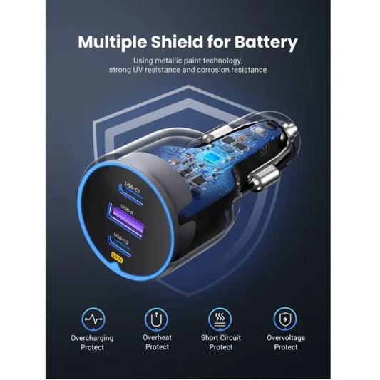UGREEN 75W Dual USB-C & 1x USB Ports Metal Car Charger – Model EC703 – Compact In-Car Fast Charging Power Adapter for Smartphones, Tablets and USB Devices