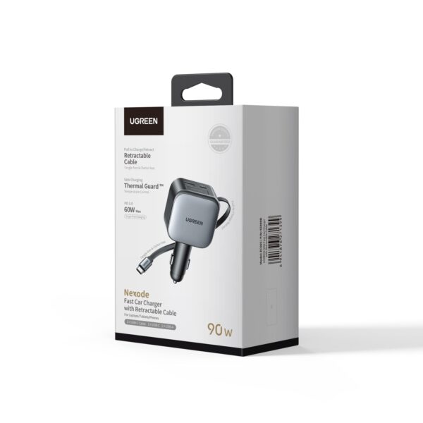 UGREEN 90W Fast Car Charger with Retractable Cable – Model EC603 – Compact In-Car Fast Charging Power Adapter for Smartphones, Tablets and USB Devices