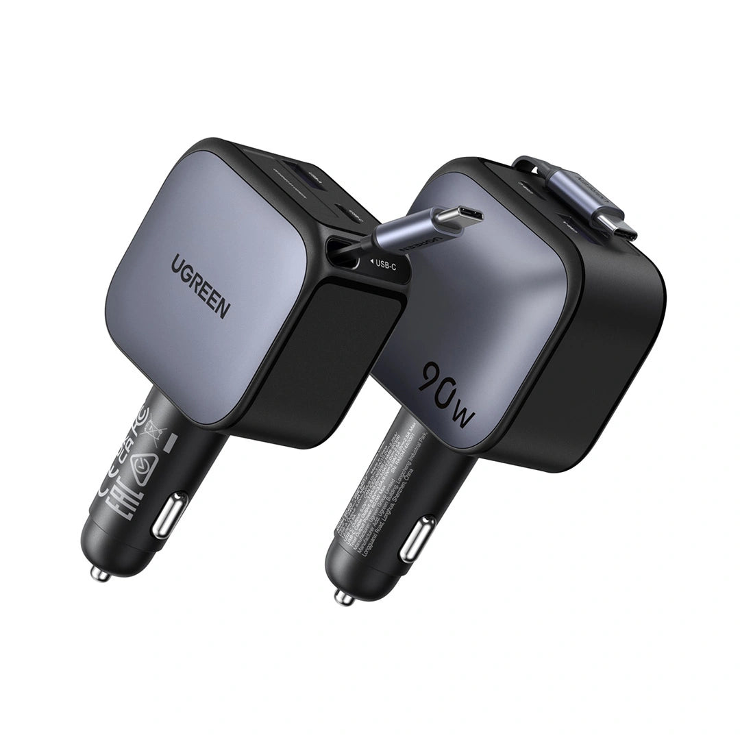 UGREEN 90W Fast Car Charger with Retractable Cable – Model EC603 – Compact In-Car Fast Charging Power Adapter for Smartphones, Tablets and USB Devices