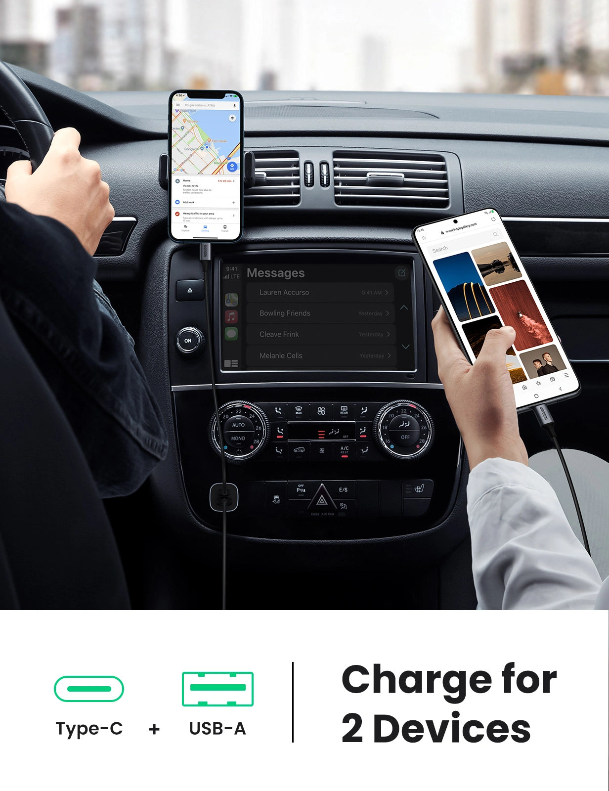 UGREEN 24W USB + USB-C Car Charger (Space Gray) – Model CD130 – Compact In-Car Fast Charging Power Adapter for Smartphones, Tablets and USB Devices