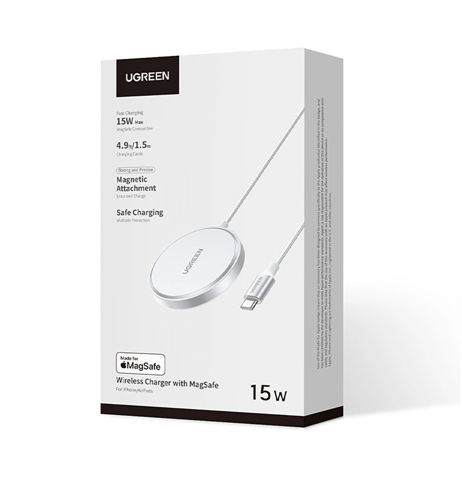UGREEN Magnetic Wireless Charger 15W White - iPhone – Model W703 – Fast Magnetic Charging Pad or Station for Compatible iPhone, AirPods and Qi-Enabled Devices