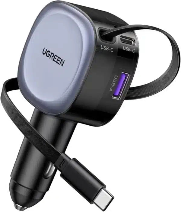 UGREEN Retractable Cable with USB-C + USB 75W Car Charger – Model EC601 – Compact In-Car Fast Charging Power Adapter for Smartphones, Tablets and USB Devices