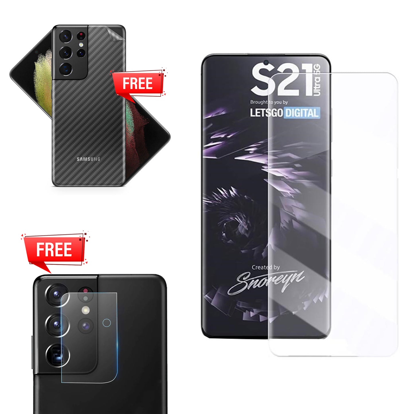 Pack of UV Glue Full Screen Protector Tempered Glass + Carbon Back Sticker and Camera Lens Protection for Samsung S21 Ultra