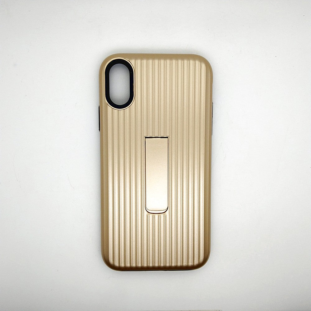 iPhone XR Stipe Hard Grip Suitcase type Back Cover with kick Stand Gold