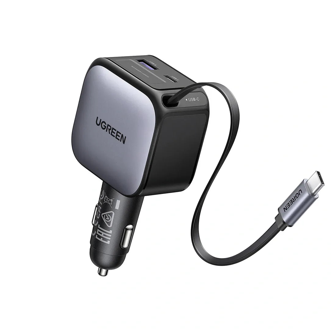 UGREEN Retractable Cable with USB-C + USB 60W Car Charger – Model EC602 – Compact In-Car Fast Charging Power Adapter for Smartphones, Tablets and USB Devices