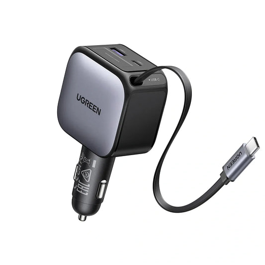UGREEN Retractable Cable with USB-C + USB 60W Car Charger – Model EC602 – Compact In-Car Fast Charging Power Adapter for Smartphones, Tablets and USB Devices