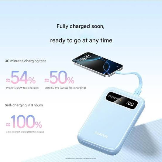 UGREEN 10000mAh 20W Fast Charging Digital Display Power Bank with USB-C to USB-C Cable – Model PB522 – Portable Fast Charging Battery Pack for Smartphones, Tablets, Laptops and USB-Powered Devices