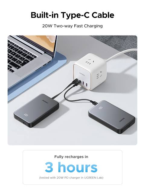 UGREEN 20W 10000mAh Power Bank with Built-in Cable – Model PB526 – Portable Fast Charging Battery Pack for Smartphones, Tablets, Laptops and USB-Powered Devices