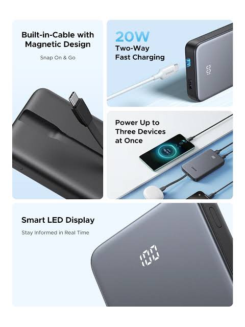 UGREEN 20W 10000mAh Power Bank with Built-in Cable – Model PB526 – Portable Fast Charging Battery Pack for Smartphones, Tablets, Laptops and USB-Powered Devices