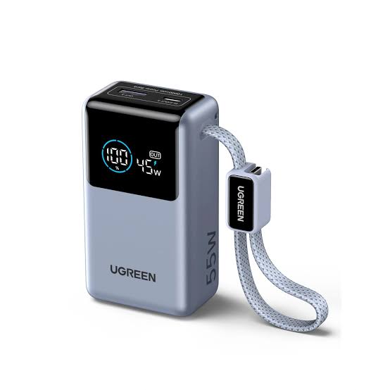 UGREEN Nexode Pro 10000mAh 55W Smart Digital Display Mini Power Bank with Build-in USB-C Cable – Model PB727 – Portable Fast Charging Battery Pack for Smartphones, Tablets, Laptops and USB-Powered Devices