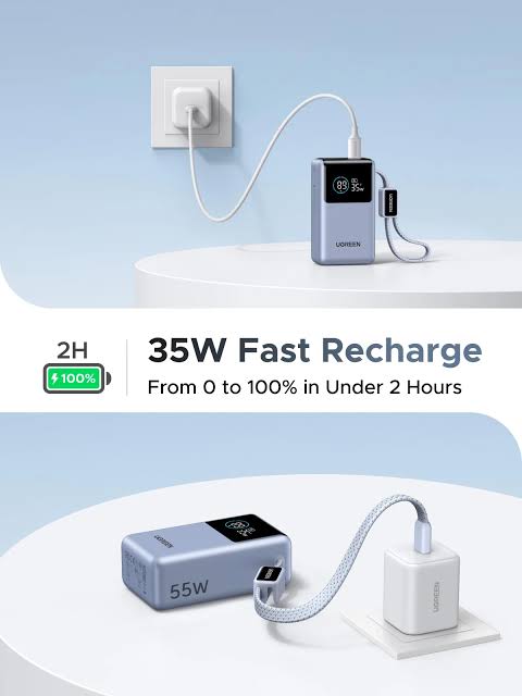 UGREEN Nexode Pro 10000mAh 55W Smart Digital Display Mini Power Bank with Build-in USB-C Cable – Model PB727 – Portable Fast Charging Battery Pack for Smartphones, Tablets, Laptops and USB-Powered Devices