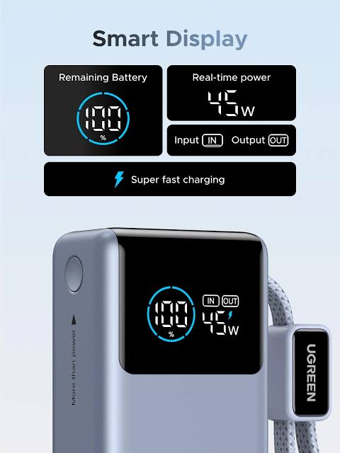 UGREEN Nexode Pro 10000mAh 55W Smart Digital Display Mini Power Bank with Build-in USB-C Cable – Model PB727 – Portable Fast Charging Battery Pack for Smartphones, Tablets, Laptops and USB-Powered Devices