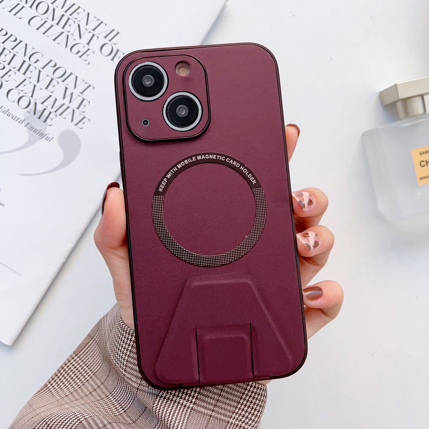 iPhone 14 Magsafe Wireless Charging Mobile Phone Leather Case Buckle Ring Stand Back Cover