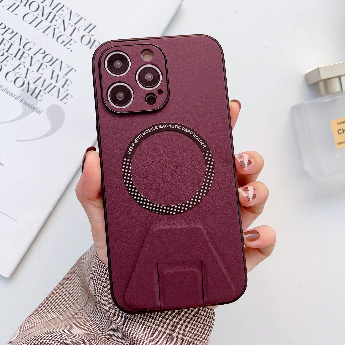 iPhone 14 Pro Max Magsafe Wireless Charging Mobile Phone Leather Case Buckle Ring Stand Back Cover