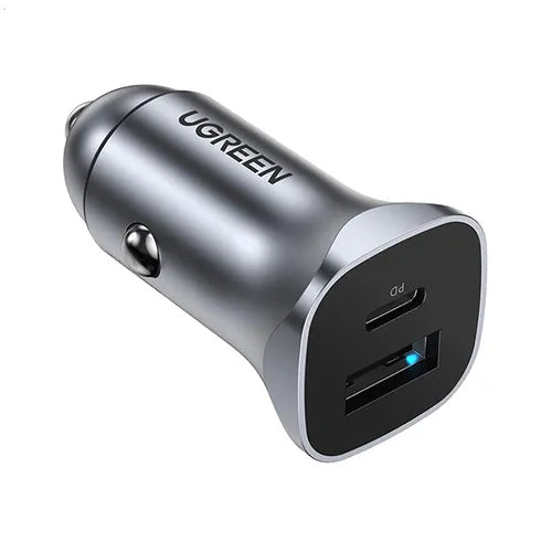 UGREEN 24W USB + USB-C Car Charger (Space Gray) – Model CD130 – Compact In-Car Fast Charging Power Adapter for Smartphones, Tablets and USB Devices