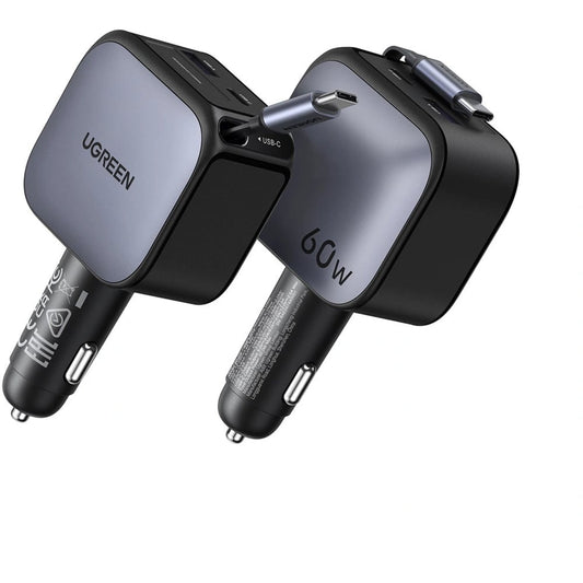 UGREEN Retractable Cable with USB-C + USB 60W Car Charger – Model EC602 – Compact In-Car Fast Charging Power Adapter for Smartphones, Tablets and USB Devices