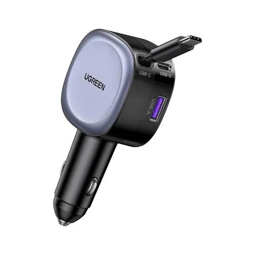 UGREEN Retractable Cable with USB-C + USB 75W Car Charger – Model EC601 – Compact In-Car Fast Charging Power Adapter for Smartphones, Tablets and USB Devices