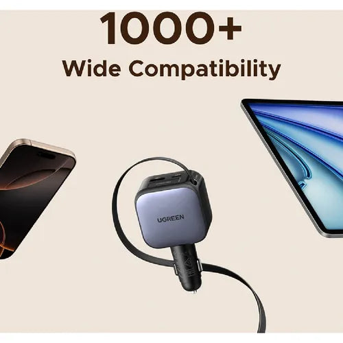 UGREEN Retractable Cable with USB-C + USB 60W Car Charger – Model EC602 – Compact In-Car Fast Charging Power Adapter for Smartphones, Tablets and USB Devices