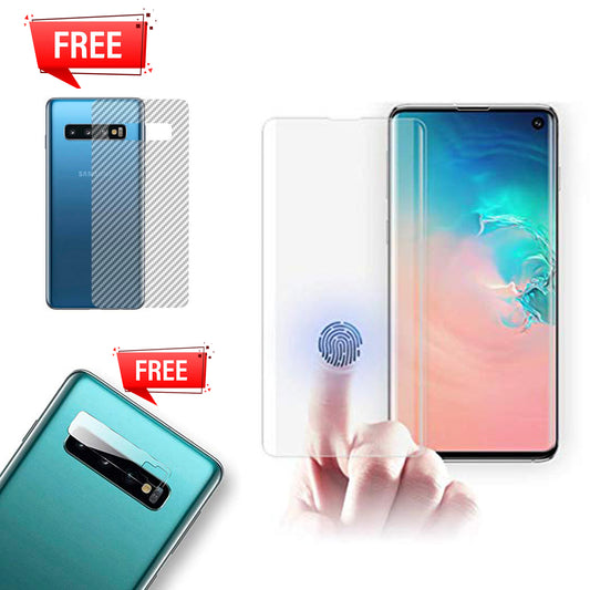 Pack of UV Glue Full Screen Protector Tempered Glass + Carbon Back Sticker and Camera Lens Protection for Samsung S10