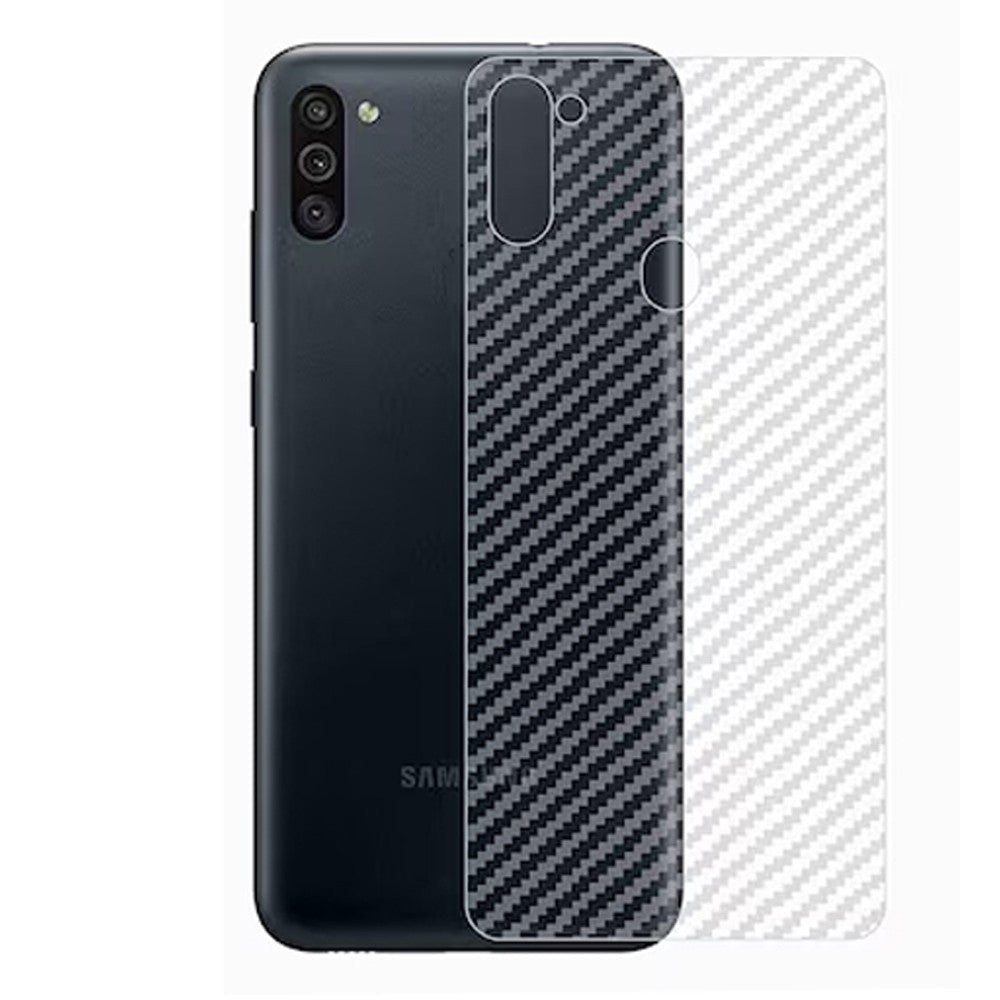 Combo Pack of Tempered Glass Screen Protector, Carbon Fiber Back Sticker, Camera lens Clear Glass Bundel for Samsung Galaxy M11