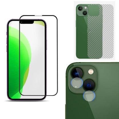 Combo Pack of Tempered Glass Screen Protector, Carbon Fiber Back Sticker, Camera lens Clear Glass Bundel for apple iPhone 13