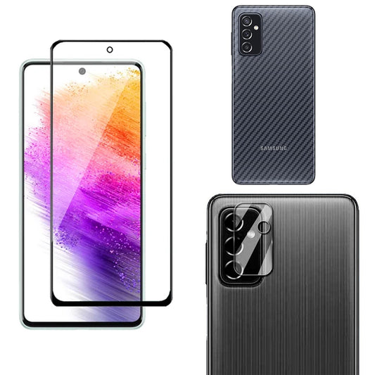 Combo Pack of Tempered Glass Screen Protector, Carbon Fiber Back Sticker, Camera lens Clear Glass Bundel for Samsung M52