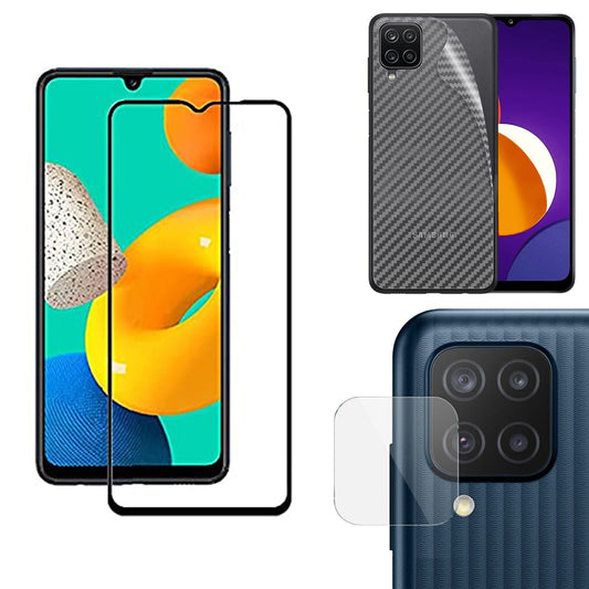 Combo Pack of Tempered Glass Screen Protector, Carbon Fiber Back Sticker, Camera lens Clear Glass Bundel for Samsung M32