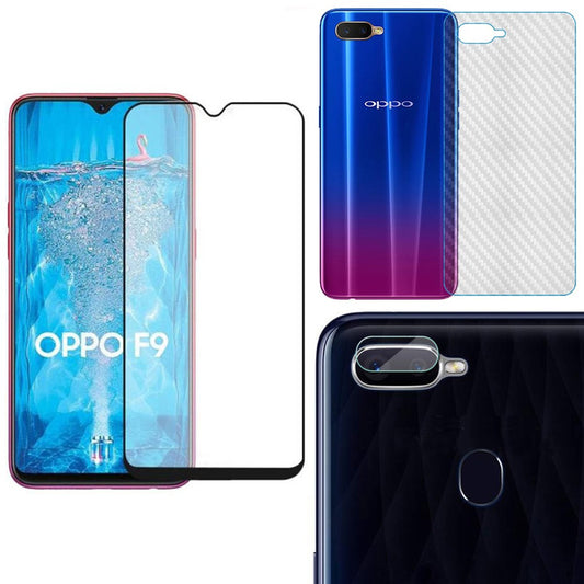 Combo Pack of Tempered Glass Screen Protector, Carbon Fiber Back Sticker, Camera lens Clear Glass Bundel for OPPO F9