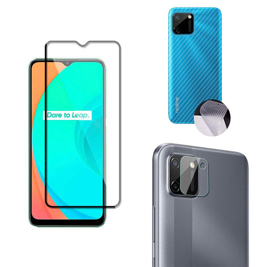 Combo Pack of Tempered Glass Screen Protector, Carbon Fiber Back Sticker, Camera lens Clear Glass Bundel for Realme C11