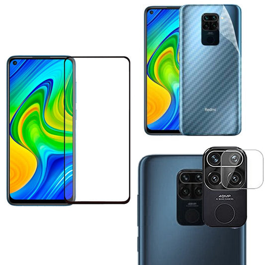 Combo Pack of Tempered Glass Screen Protector, Carbon Fiber Back Sticker, Camera lens Clear Glass Bundel for Redmi Note 9