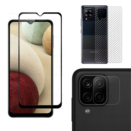 Combo Pack of Tempered Glass Screen Protector, Carbon Fiber Back Sticker, Camera lens Clear Glass Bundel for Samsung A12